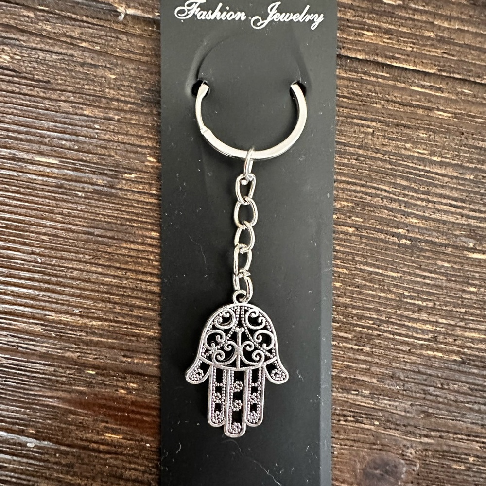 Hamsa hand keychain bag charm silver intricate metal dangling